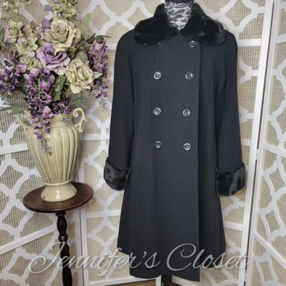 Donnybrook Black Wool Double Breasted Faux Fur Trim Coat Size 10